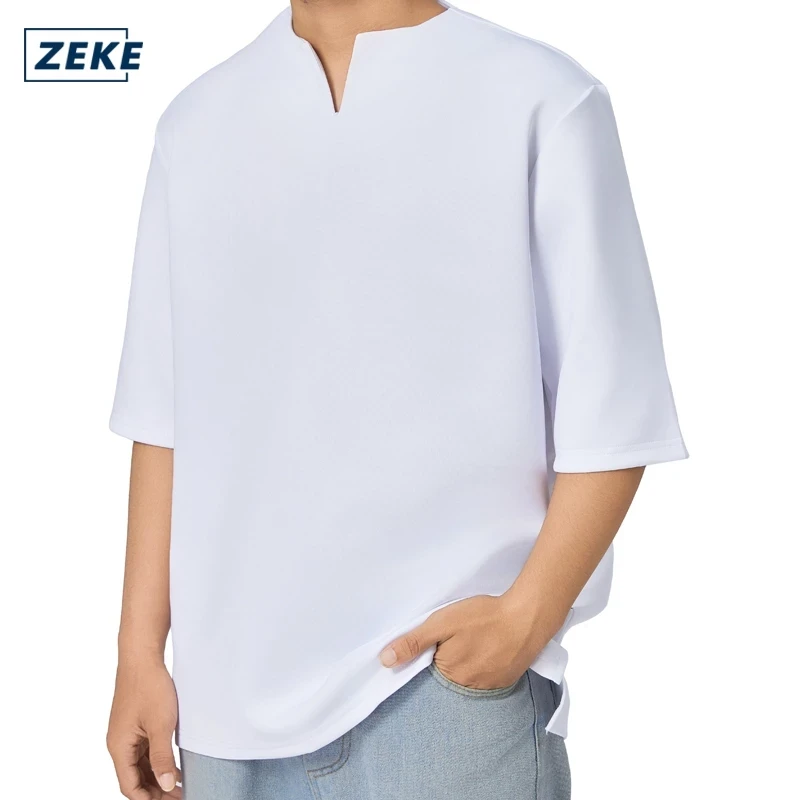ZEKE Men's Short Sleeve Loose Tops Lelaki Kurta V Neck Hitam Lengan Pendek Putih Kasual Baju
